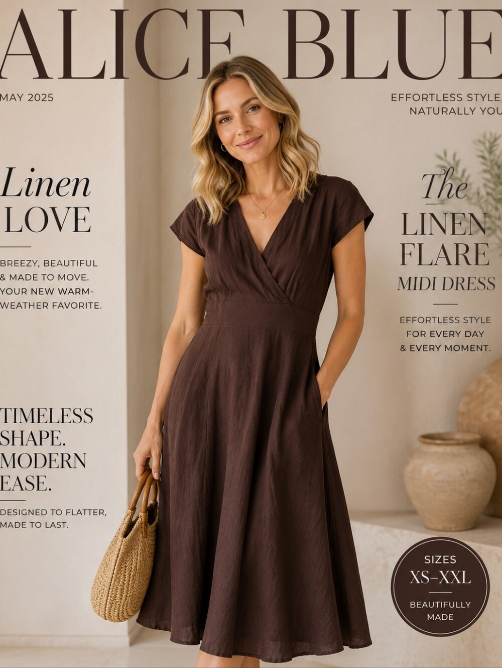 ALICE BLUE Linen Flutter Skirt Crossover Embroidered Brown Dress Sz XL ( 14-16)